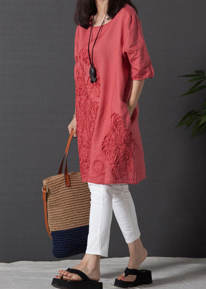 Embroidered Dress Red Half Linen Sleeve Day DIY