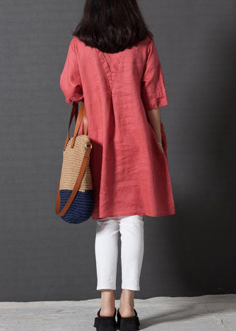 Embroidered Dress Red Half Linen Sleeve Day DIY