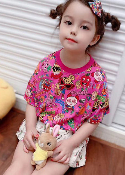 DIY Rose O-Neck Print Kids Tops Summer YU1060