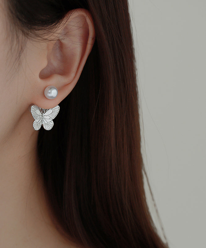 DIY Butterfly Overgild Pearl Stud Copper Earrings Silk