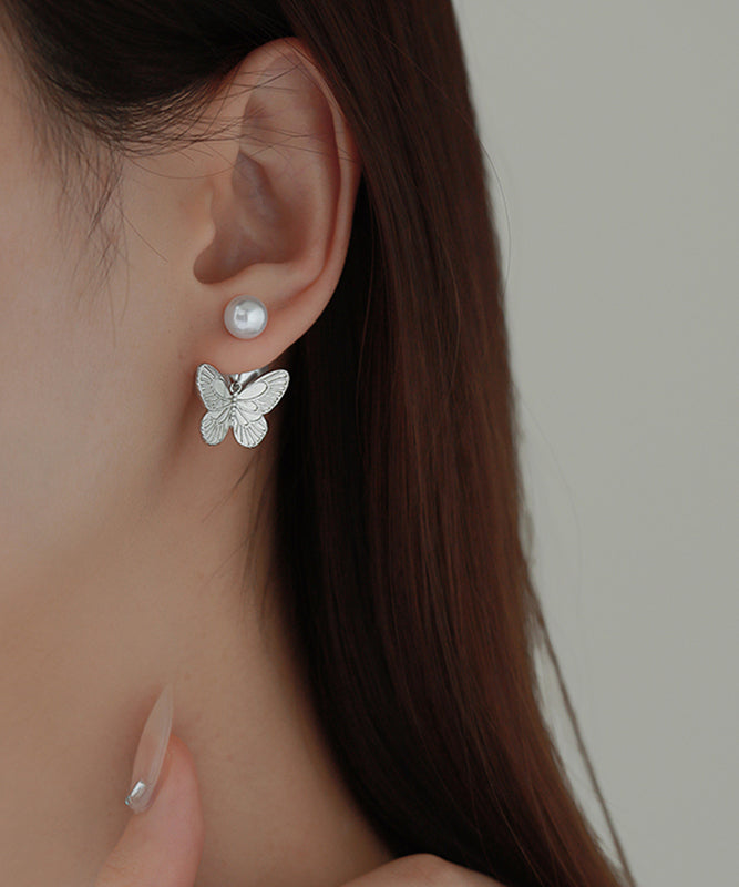 DIY Butterfly Overgild Pearl Stud Copper Earrings Silk