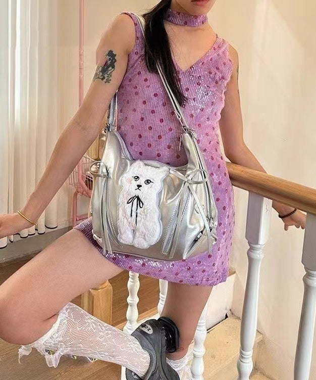 Faux White Bags Versatile Leather Cat Appliqued Shoulder DIY