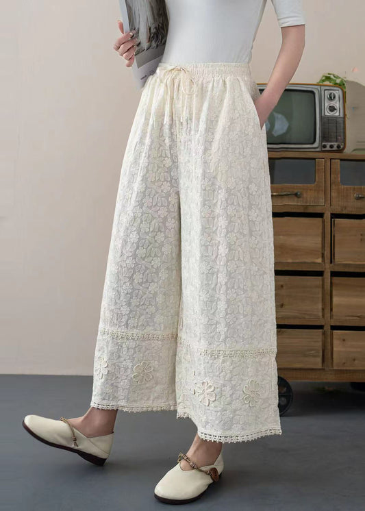 Pants Embroidered Cotton Floral Summer White Crop Trousers DIY