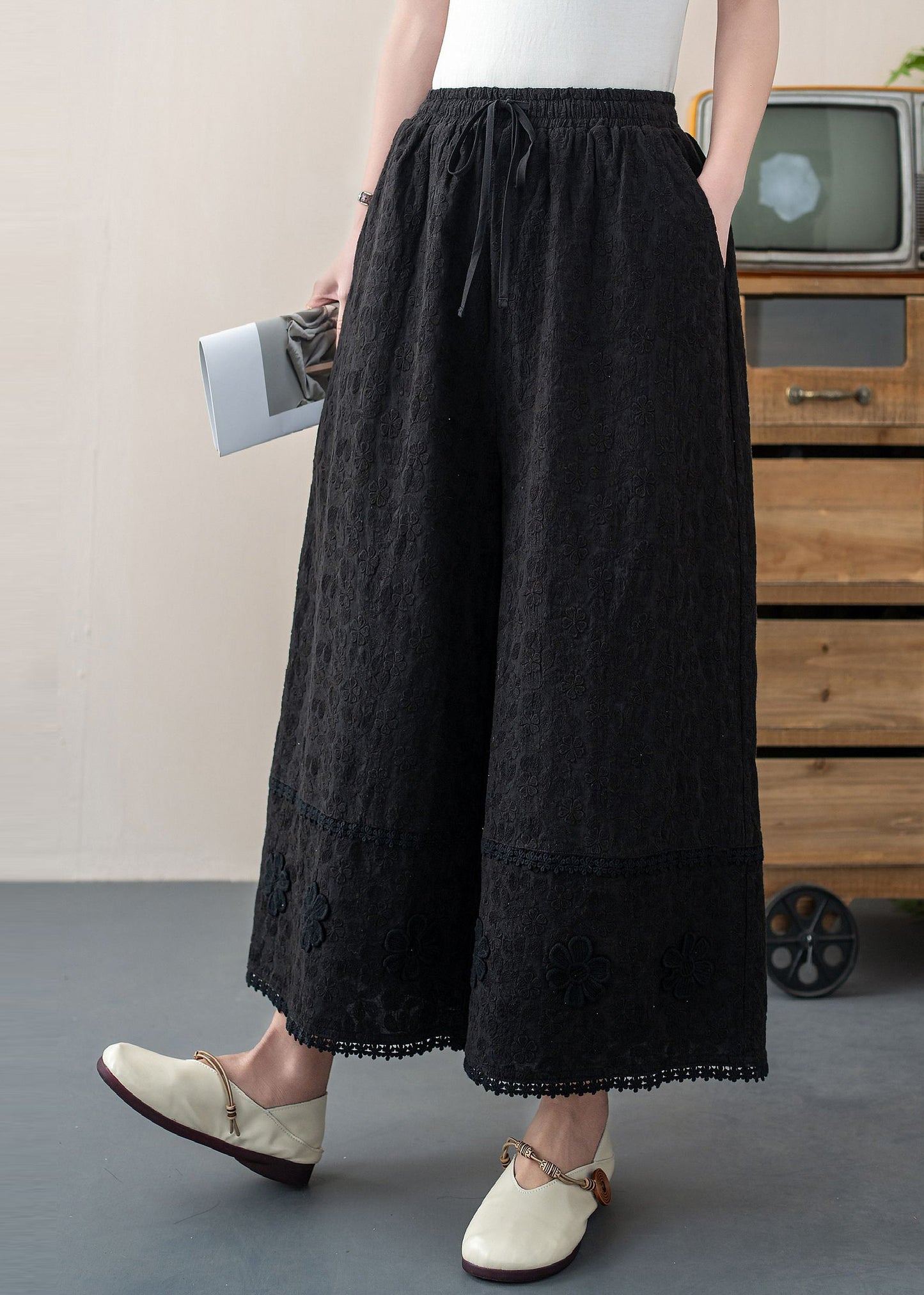 Pants Embroidered Cotton Floral Summer White Crop Trousers DIY