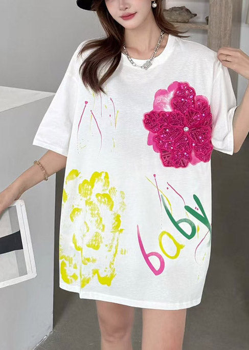 Decorated Cotton Floral Oversized Tops Tank DIY Summer White