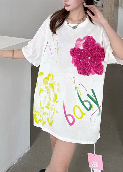 Decorated Cotton Floral Oversized Tops Tank DIY Summer White