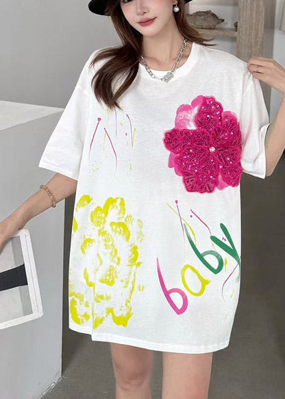 Decorated Cotton Floral Oversized Tops Tank DIY Summer White