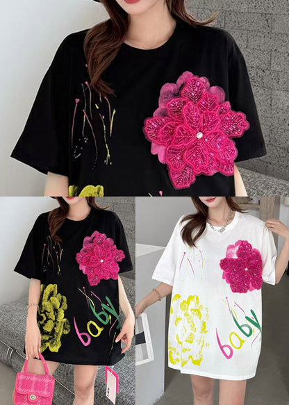 Decorated Cotton Floral Oversized Tops Tank DIY Summer White