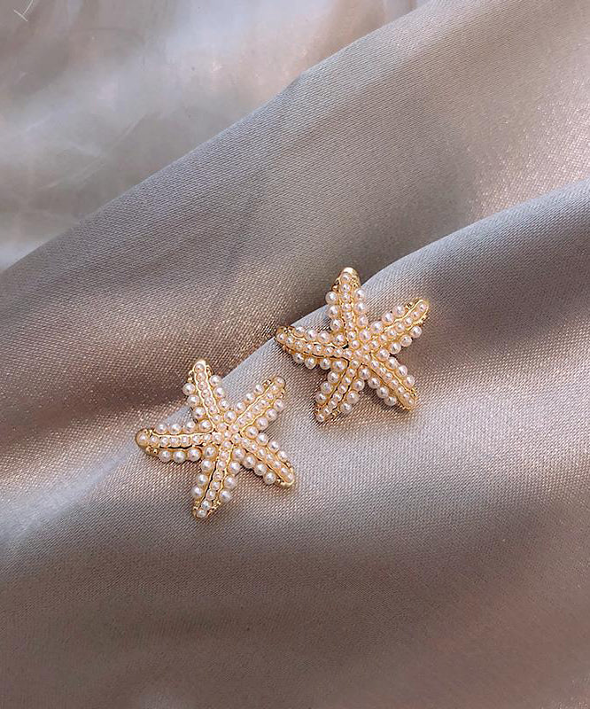 DIY White Sterling Silver Overgild Holiday Starfish Pearl Stud Earrings PO032