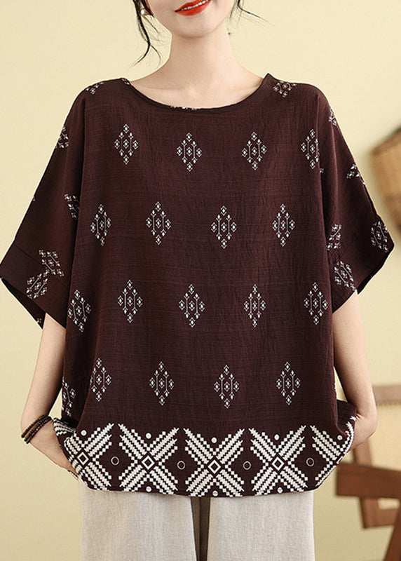 Dark Short Shirt T Sleeve Print Brown Casual