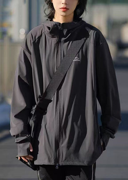 Hooded Zippered Solid Silk Ice 50+ Dark Coat Men UPF Gray