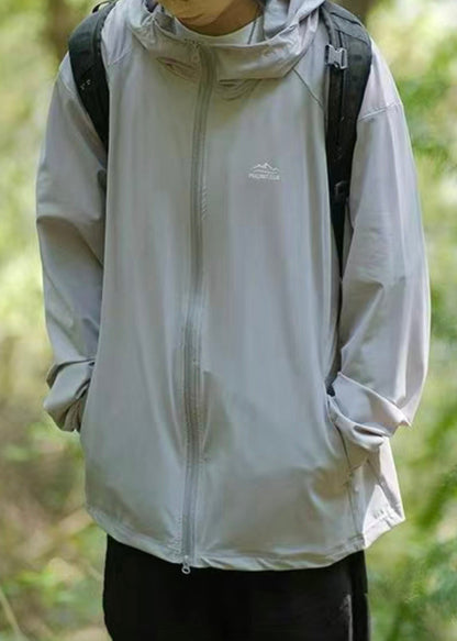 Hooded Zippered Solid Silk Ice 50+ Dark Coat Men UPF Gray