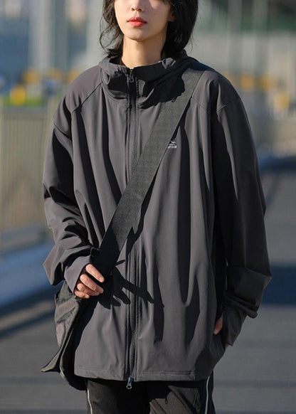 Hooded Zippered Solid Silk Ice 50+ Dark Coat Men UPF Gray