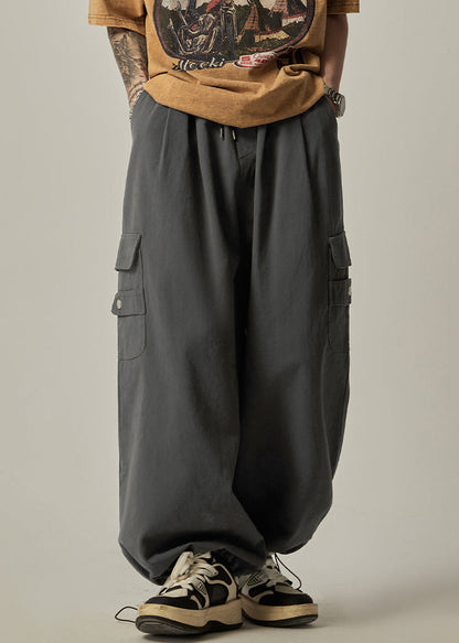 Spring Beam Elastic Waist Pants Mens Grey Cotton Pockets Dark