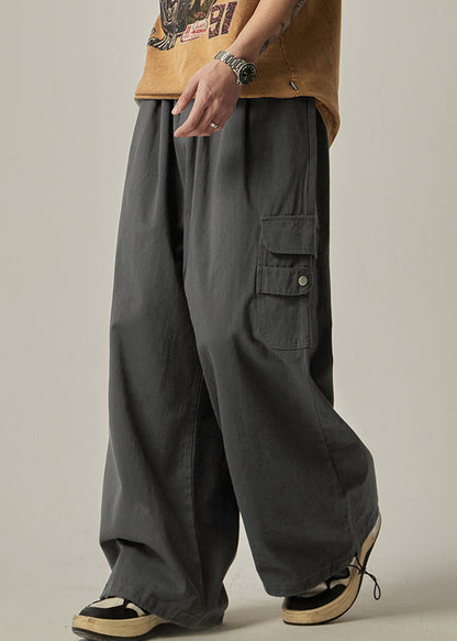 Spring Beam Elastic Waist Pants Mens Grey Cotton Pockets Dark