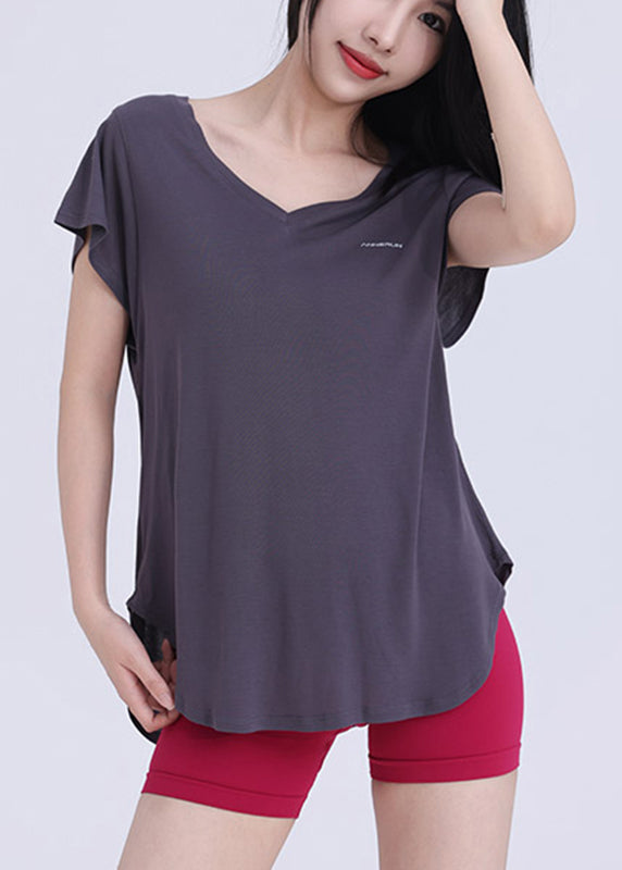 Neck Dark Wrap Solid V Top Yoga Grey