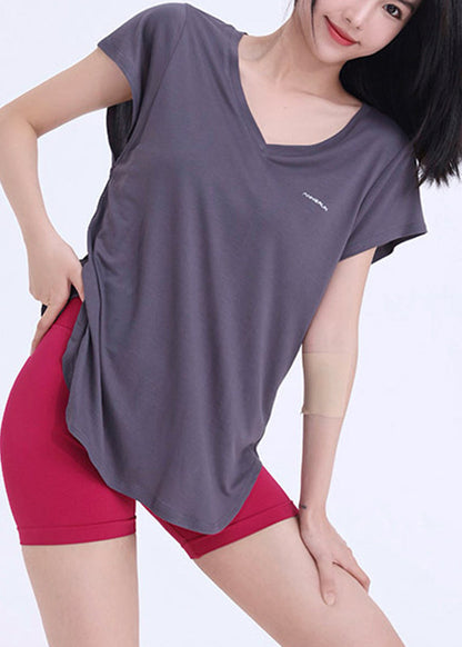 Neck Dark Wrap Solid V Top Yoga Grey