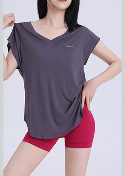 Neck Dark Wrap Solid V Top Yoga Grey
