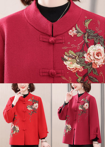 Dark Red Patchwork Button Woolen Coat Spring TA027