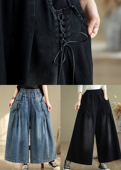 Blue Summer Cross Pants Denim Wide Leg Wrinkled Strap