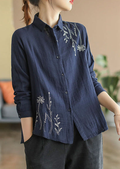 Fall Blue Button Cotton Shirts Denim Embroidered