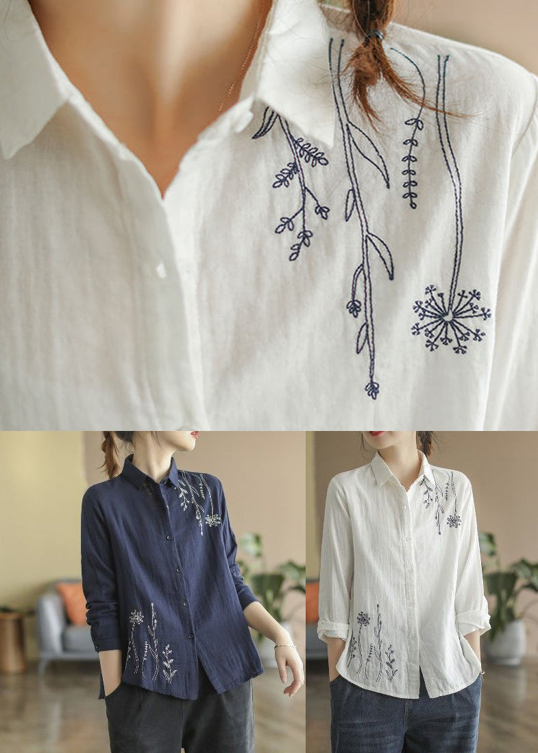 Fall Blue Button Cotton Shirts Denim Embroidered