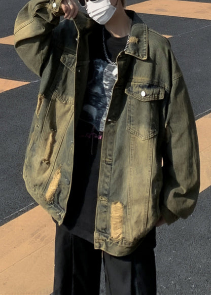 Collar Denim Pan Patchwork Hole Blue Men Peter Coat