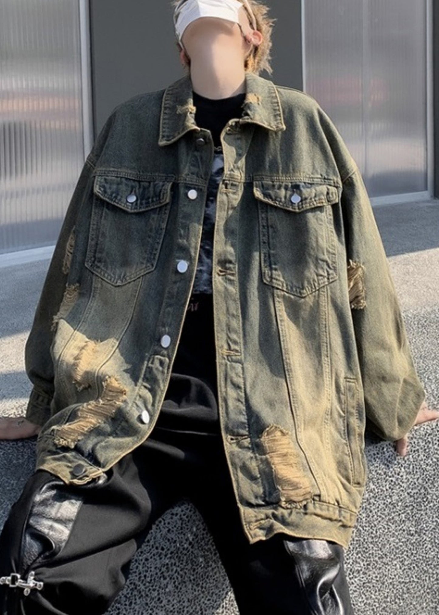 Collar Denim Pan Patchwork Hole Blue Men Peter Coat