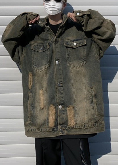 Collar Denim Pan Patchwork Hole Blue Men Peter Coat