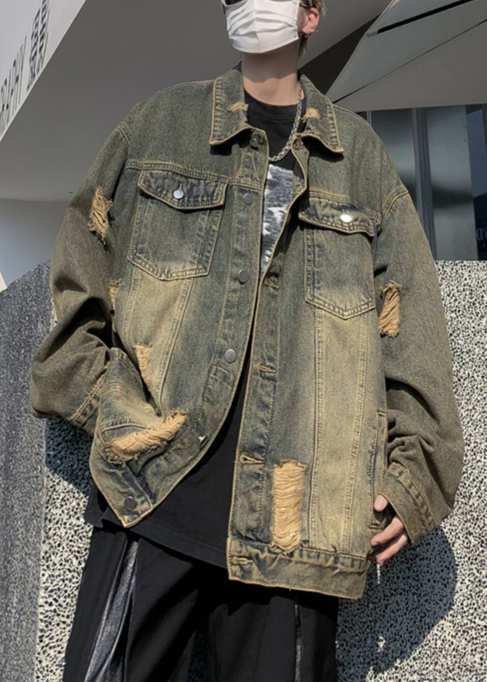 Collar Denim Pan Patchwork Hole Blue Men Peter Coat
