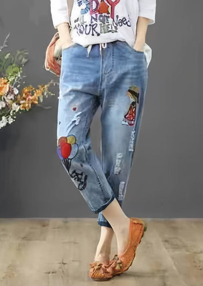 Elastic Pants Embroidered Summer Waist Denim Blue