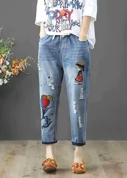 Elastic Pants Embroidered Summer Waist Denim Blue