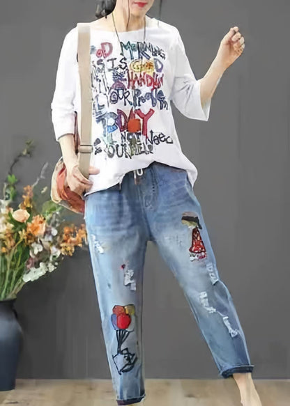 Elastic Pants Embroidered Summer Waist Denim Blue