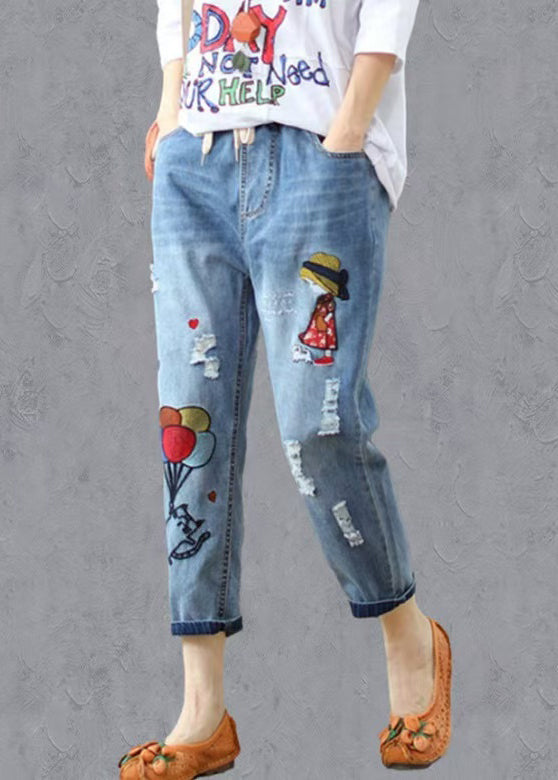 Elastic Pants Embroidered Summer Waist Denim Blue