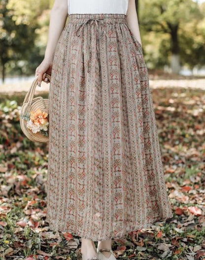 Jupe en lin à taille élastique froissée à imprimé vert DIY Printemps GEM569