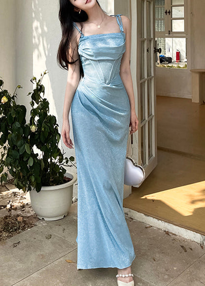Dinner Blue Wrinkled Original Design Spaghetti Strap Dress Sleeveless YT027