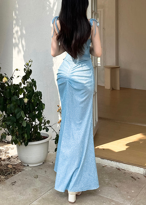 Dinner Blue Wrinkled Original Design Spaghetti Strap Dress Sleeveless YT027