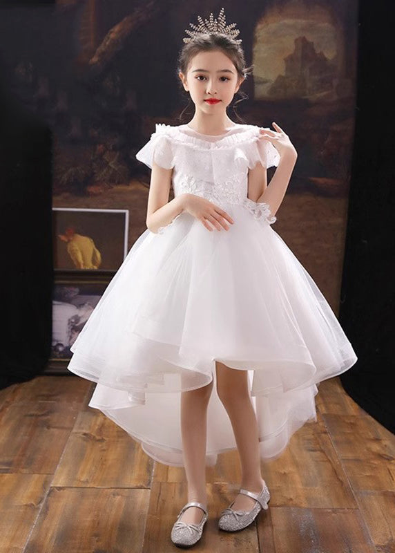 Dinner White O-Neck Floral Kids Tulle Party Maxi Dress Summer XZ026