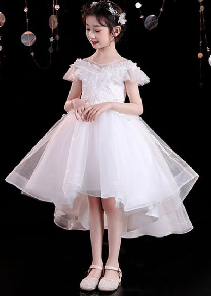 Dinner White O-Neck Floral Kids Tulle Party Maxi Dress Summer XZ026