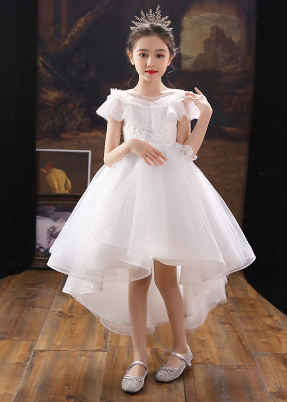 Dinner White O-Neck Floral Kids Tulle Party Maxi Dress Summer XZ026