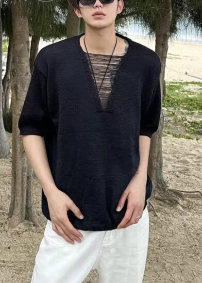 Ripped T Neck Men Cotton Summer Shirt Diy V White