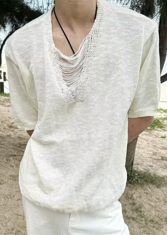 Ripped T Neck Men Cotton Summer Shirt Diy V White