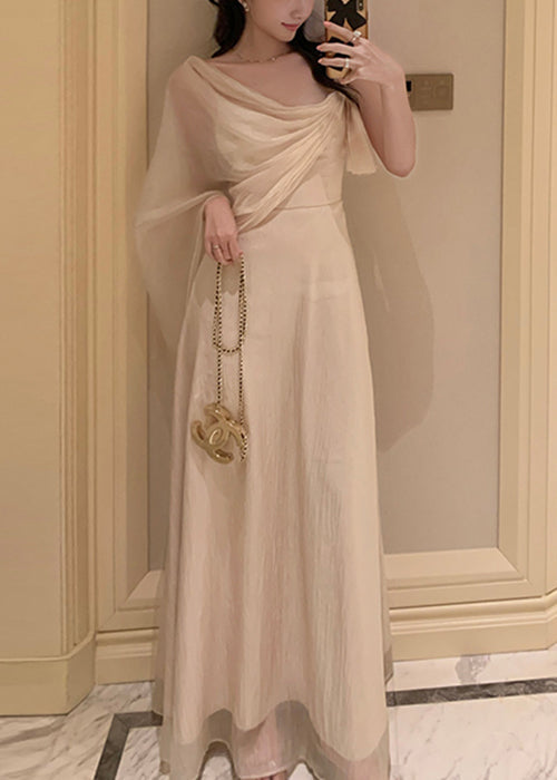 Maxi Dresses Elegant Solid Apricot Summer Asymmetrical Silk