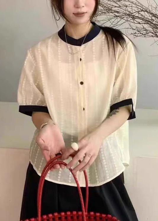 Cotton Apricot Summer Embroidered Elegant Button Shirts