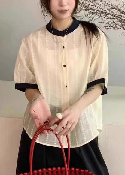 Cotton Apricot Summer Embroidered Elegant Button Shirts