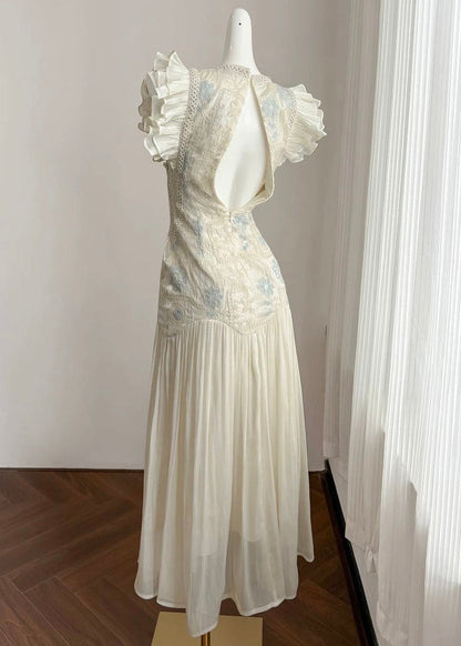 Elegant Summer Embroidered Patchwork Long Wrinkled Apricot Dress