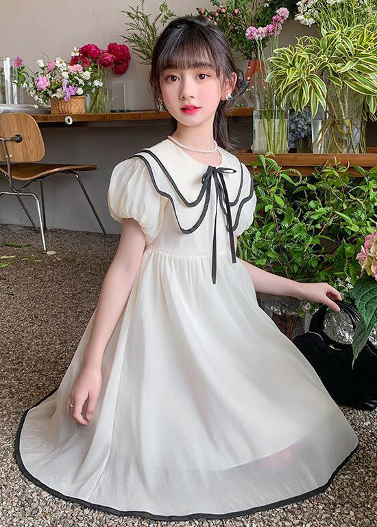 Elegantes Apricot Peter Pan Kragen Taillenbund Chiffon Mädchen Kleid Sommer TT010