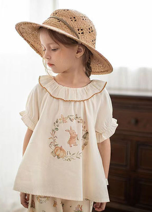 Elegantes Apricot Print Kinder Mädchen Shirt Puffärmel SS1028