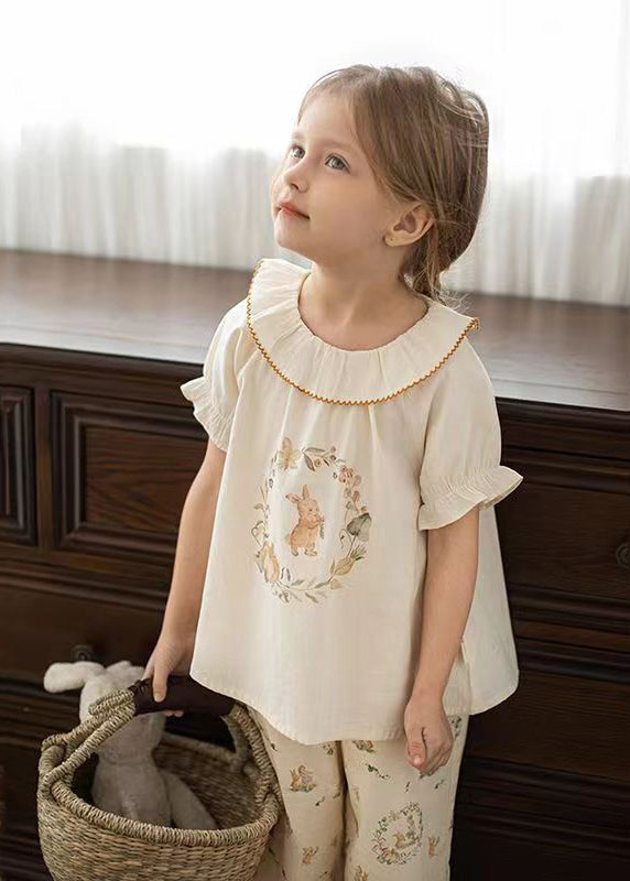 Elegantes Apricot Print Kinder Mädchen Shirt Puffärmel SS1028