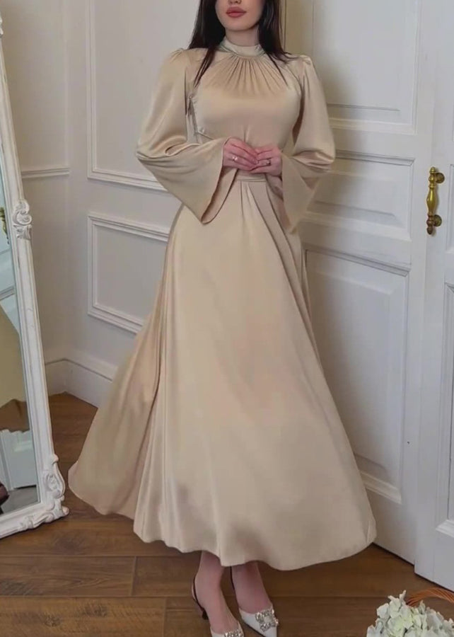 Elegantes Apricot Stehkragen Schnürseidenkleid Herbst WO058